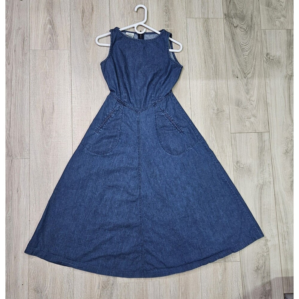 Vintage Laura Ashley Denim Maxi Dress Womens 6 Blue Pleated Pinafore Pockets